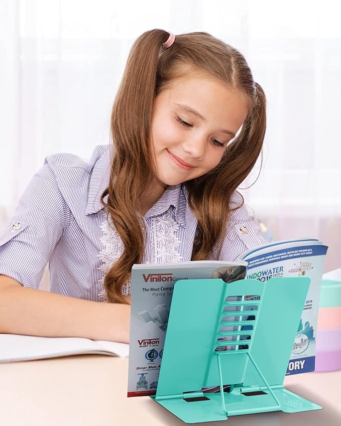 MSDADA Book Stand Metal Reading Rest Book Holder Adjustable Cookbook Documents Holder Portable Sturdy Bookstands for Recipes Textbooks Tablet Music Books with Page Clips (Light Green)