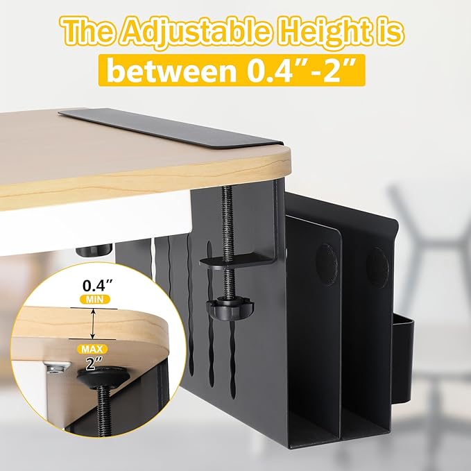 2 TIER Desk Side Storage Upgraded Under Desk Organizer, No Drill Hanging Laptop Holder Under Desk, Clamp-On Table Side Tray Steel Desktop Organization for Office and Home (Black)