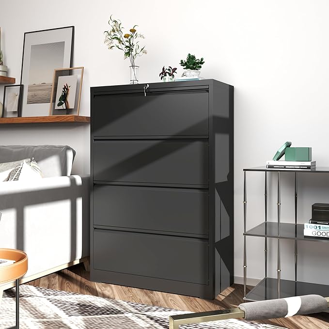 File Cabinets 4 Drawer,Metal Office Storage Filing Cabinet with Lock,Black Lateral Filing Cabinet for Home Office,Horizontal Locking File Cabinet for Legal/Letter/A4 Files,Assembly Required