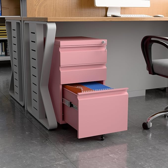 SUXXAN 2 Drawer Mobile File Cabinet with Lock, Under Desk Metal Filing Cabinet for Office, Home,Vertical Cabinet Legal/Letter Size, Need to Assembled (Pink)