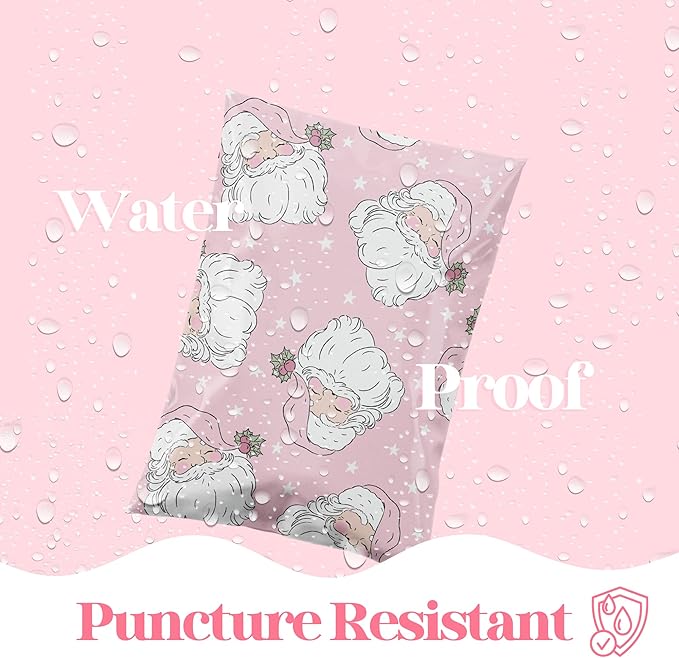 6x9 Designer Christmas Holiday Poly Mailers 100 Pack Heavy Duty Waterproof Self Seal Shipping Bags Large Mailing Envelopes Bulk Tear Resistant Cute Packaging Pink Santa