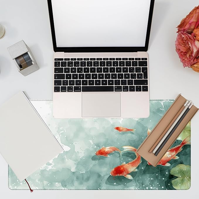 Desk Pad, Watercolor Koi Fish Desk Mat, Koi Fish in Pond Large Gaming Mouse Pad, 31.5"x15.7" Extended Big Computer Keyboard Mouse Pad with Non-Slip Base and Stitched Edge