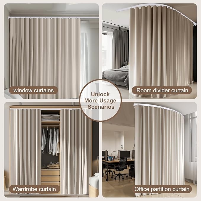 Room Divider Curtains & Flexible Bendable Tracks Set,Privacy Dividers Ceiling Track Curtain Window Blackout Curtains for Living Room Bedroom (W180 × H96 in 1 Panel Beige Drape & White Rail)