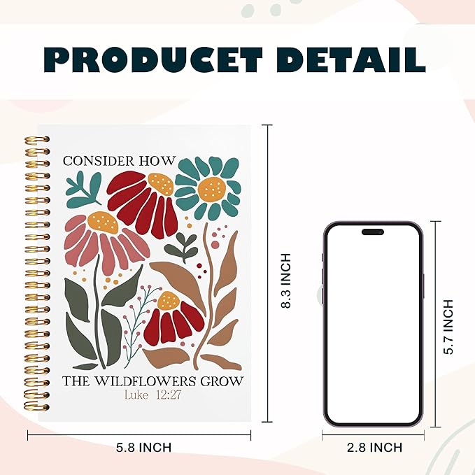 BearCake Boho Floral Christian Notebook Journal, Inspirational Christian Gifts for Women, Luck 12:27 Bible Religious Journal for Women, Flower Scripture Hardcover Spiral Notebook 5.5x8.3