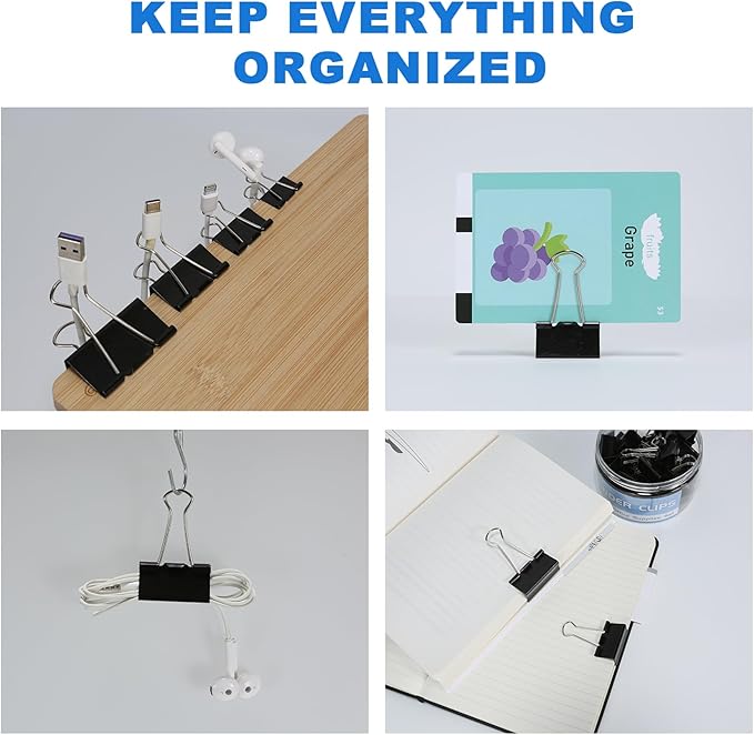 Binder Clips Assorted Sizes Including Extra Large Medium Small Mini and Micro, Office Supplies File Clamps Paper Clips, 6 Sizes in 6 Boxes, 208 PCS Metal Black Clamps for School