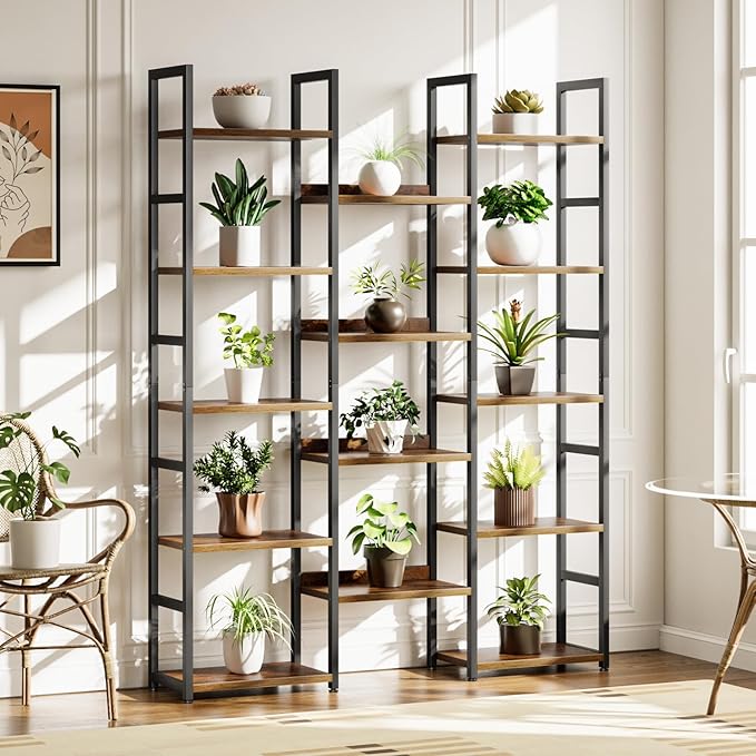 OTK Triple Column 5 Tier Bookshelf, Large Bookcase with 14 Open Display Shelves, Adjustable Industrial Book Shelf with Baffles, Wide Bookshelves for Bedroom, Living Room and Home Office, Rustic Brown