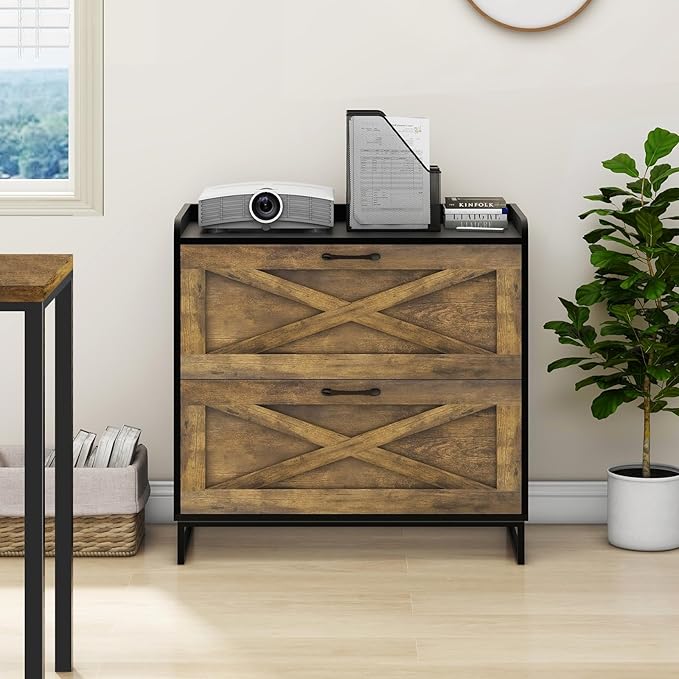 Lateral File Cabinet with Charging Station, 2 Drawer File Cabinet for Letter/Legal/A4 Size Hanging Files, Large Wood File Storage Cabinets, Rustic Brown and Black