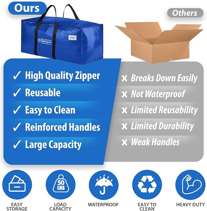 ClearSpace Heavy Duty Moving Bags or Storage Bag – Large Moving Boxes with Backpack Straps, Zippers & Handles – Perfect for Moving, College Dorm, Traveling, Camping, Christmas Decorations, 4 Pack