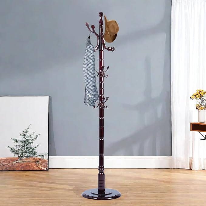 Solid Wood Coat Rack – 72" Freestanding Coat Racks Stand with 14 Hooks & Stable Base, Adjustable Height Modern Wooden Hall Tree for Entryway, Bedroom, Office, Home (Mahogany Lucky Hook)