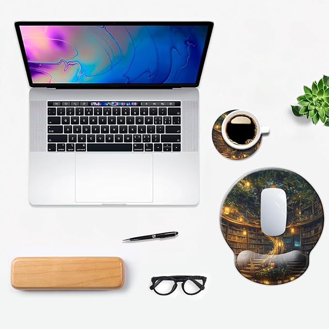 Ergonomic Mouse Pad with Wrist Support,Mouse Pad with Wrist Rest,Relieve Wrist Pain Mousepad Non-Slip Rubber Base,Mouse Pads for Desk,Computers,Laptop,Office,Home,Accessories Library Tree