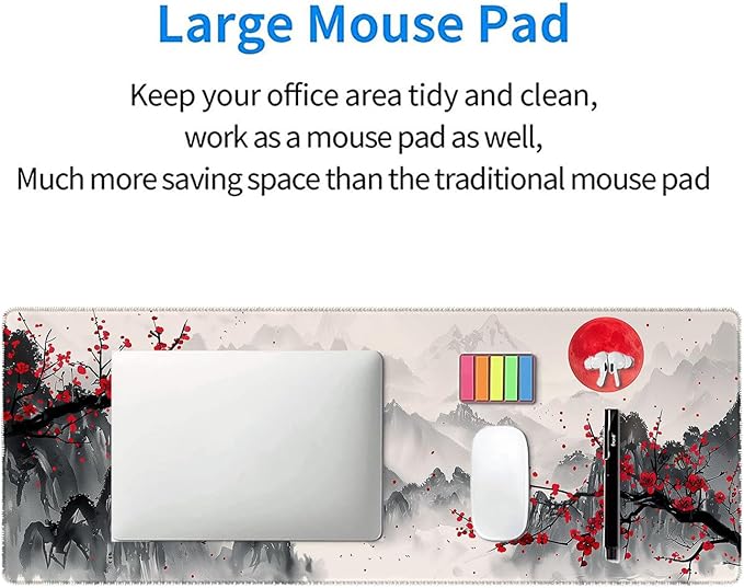 Watercolor Cherry Blossom Gaming Mouse Pad - Chinese Ink Painting Mountain Desk Mat With Stitched Edge Non-Slip Base for Office Computer Keyboard Laptop Home 31.5"x11.8"