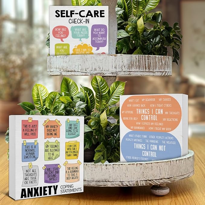 3 Pcs Mental Health Wood Signs Decor Psychology Wood Block Signs Anxiety Coping Statements Things I Can Control Self Care Wooden Box Signs Home Therapy Office Decorations for Tiered Tray Desk Shelf