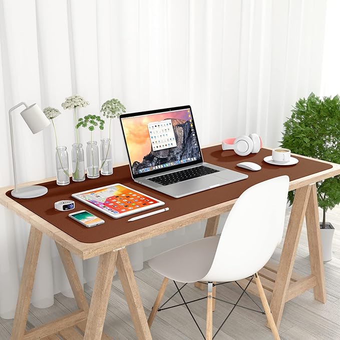 Hsurbtra Desk Pad, 35.5" x 17" PU Leather Desk Mat, XXL Extended Mouse Pad, Waterproof Desktop Blotter Protector, Non-Slip Ultra Thin Large Laptop Keyboard Writing Mat for Office Home, Brown