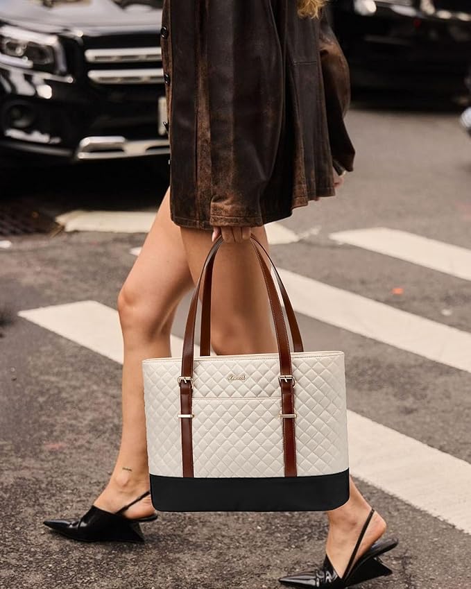 LOVEVOOK Laptop Bag for Women, Work Tote Computer Bag With Large Cup Holder, Lightweight Large Laptop Briefcase, Beige-Brown-Black, 17.3 Inch