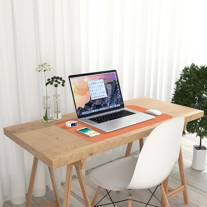 Hsurbtra Desk Pad, 23.6" x 13.8" PU Leather Desk Mat, M Extended Mouse Pad, Waterproof Desktop Blotter Protector, Non-Slip Ultra Thin Small Laptop Keyboard Writing Mat for Office Home, Orange Pink