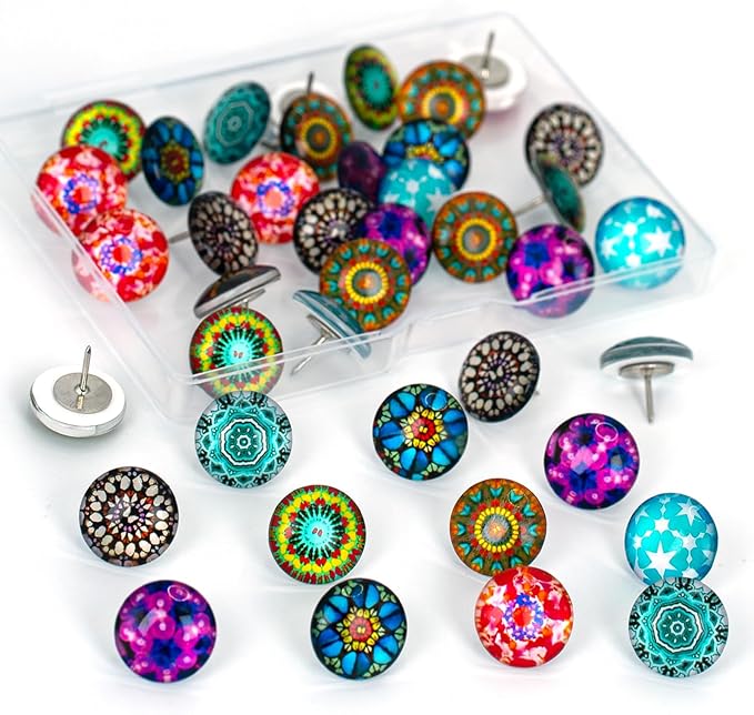 24Pcs Mandala Push Pins,Thumb Tacks for Bulletin Board,Decorative Pins Push, Cork Board Thumbtacks,Photos Wall Maps,Cute Thumbtack for Desk Accessories,Classroom,Home and Office Decor(Mandala)
