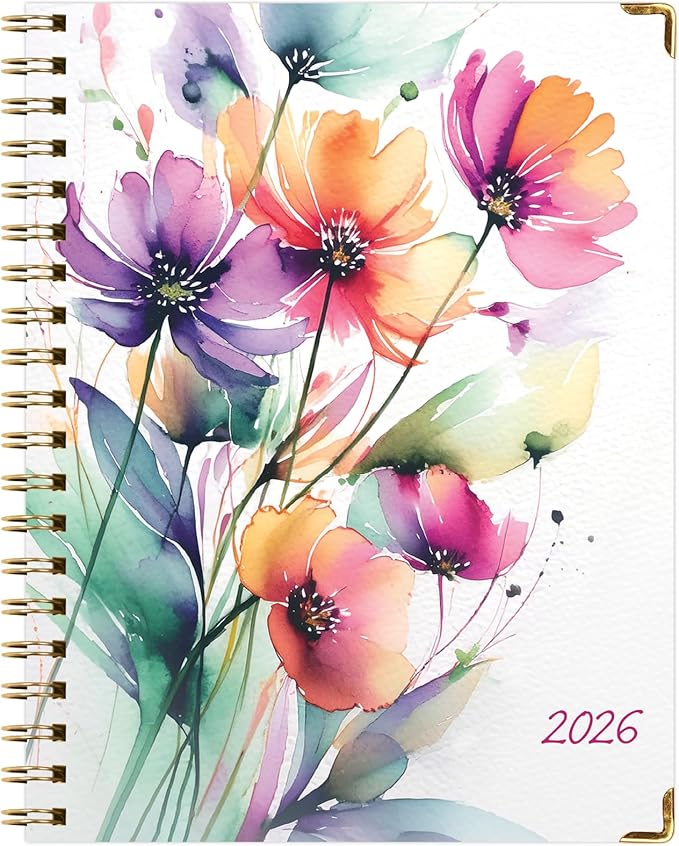 HARDCOVER 2026 Planner, 8.5"x11": 14 Months (November 2025 - December 2026), Daily Weekly Monthly Planner, Yearly Agenda, Bookmark, Pocket Folder and Sticky Note Set (Rainbow Floral)