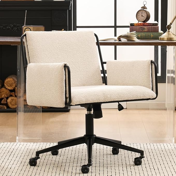 Kidol & Shellder Office Desk Chair Set of 4 with Arm, Swivel Adjustable Height with Wheels Comfortable Wide Seat for Home Office, Bedroom, Makeup Room, Beige