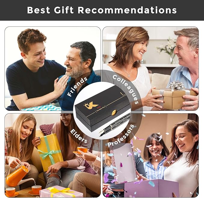 Tiankool Luxury Fountain Pen,Fine Nib, Exquisite Pen Gift Set for Men&Women-Includes 10 Ink Cartridges&Ink Converter- Nice Pens - Black - Gold Plaid