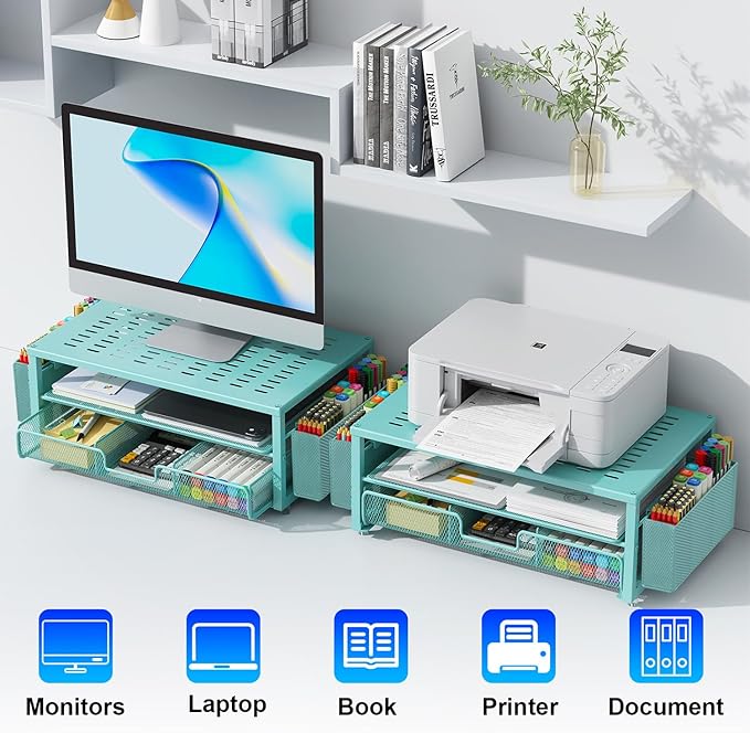 gianotter Desk Organizers and Accessories, Monitor Stand with Drawer and 2 Pen Holder, Desktop Organizer Suitable for Offices and Dormitories (Blue)