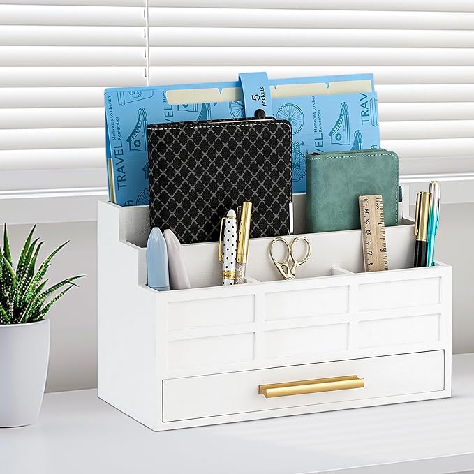 white Wood Desk Organizer and Accessories with Drawer, Bill Mail Organizer and File Mail Holder for Office Supplies, Rustic Desk Accessories & Workspace Organizers for Desk Organization