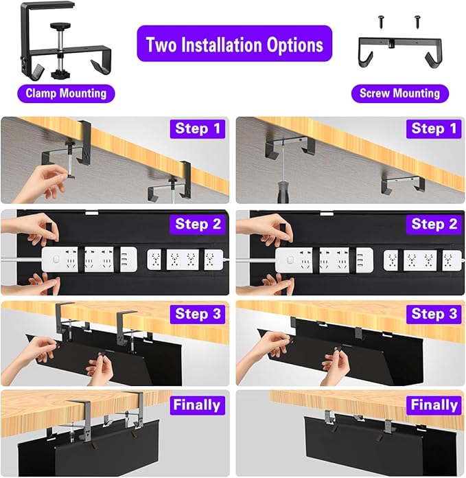 Under Desk Cable Management Tray 36" - No Drill Computer Wire Organizer Cable Tray, Fabric Cord Hider Clamp Mount, Premium Fabric Cable Management Tray for Office, Home (Black/1set)