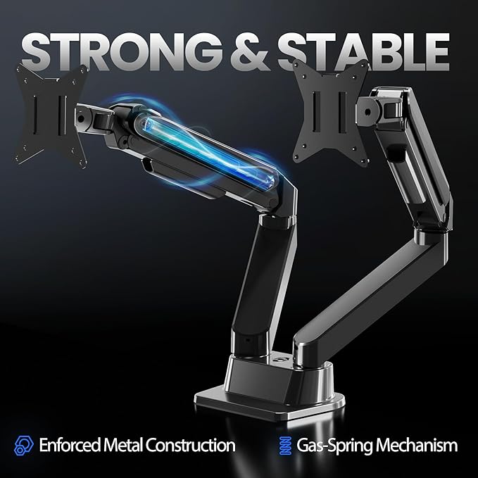 EVEO Premium Dual Monitor Mount 14"-32” Dual Monitor Arm VESA Bracket Adjustable Height Gas Spring Dual Monitor Stand, Screen Full Motion Dual Monitor Arm-Computer Monitor Stand for 2 Screens - Black