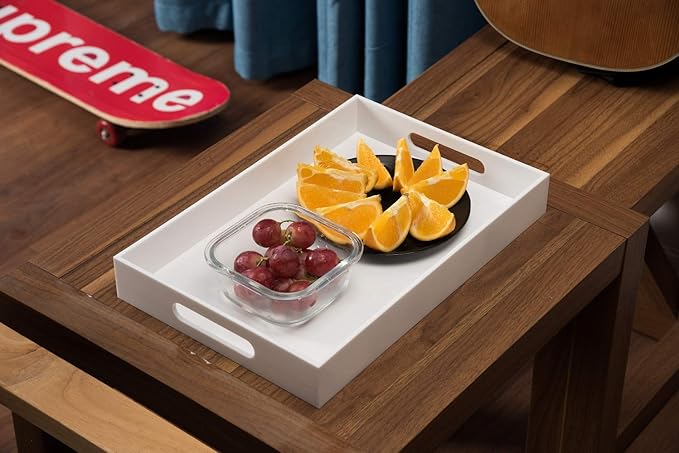 Glossy White Sturdy Acrylic Serving Tray with Handles-10x15Inch-Serving Coffee Appetizer Breakfast Butler-Kitchen Countertop-Makeup Drawer Organizer-Vanity Table Tray-Ottoman Tray