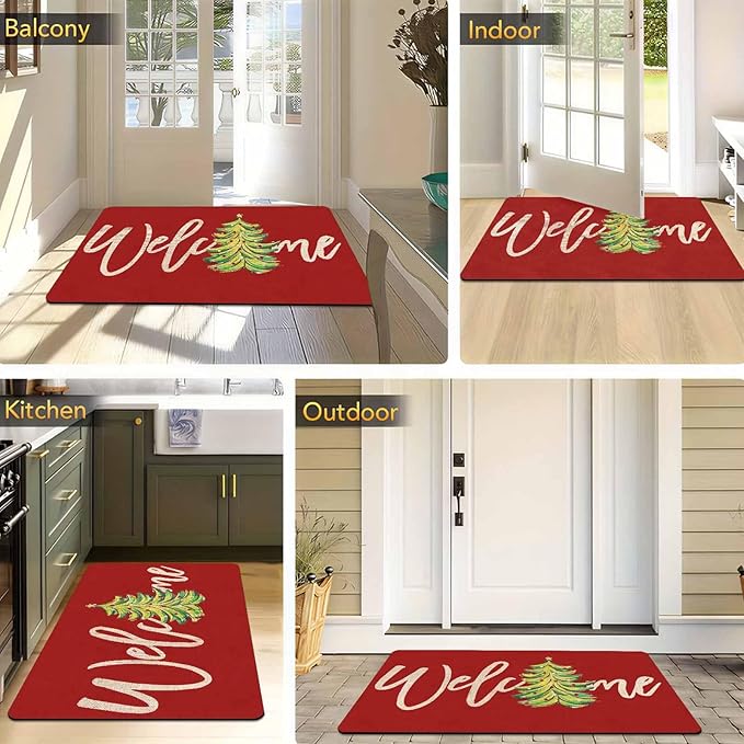 Christmas Welcome Tree Door Mat Merry Christmas Doormat Indoor Outdoor Entrance Floor Rug Non Slip Winter Decor Rubber Welcome Mats, 16" x 24" Inch