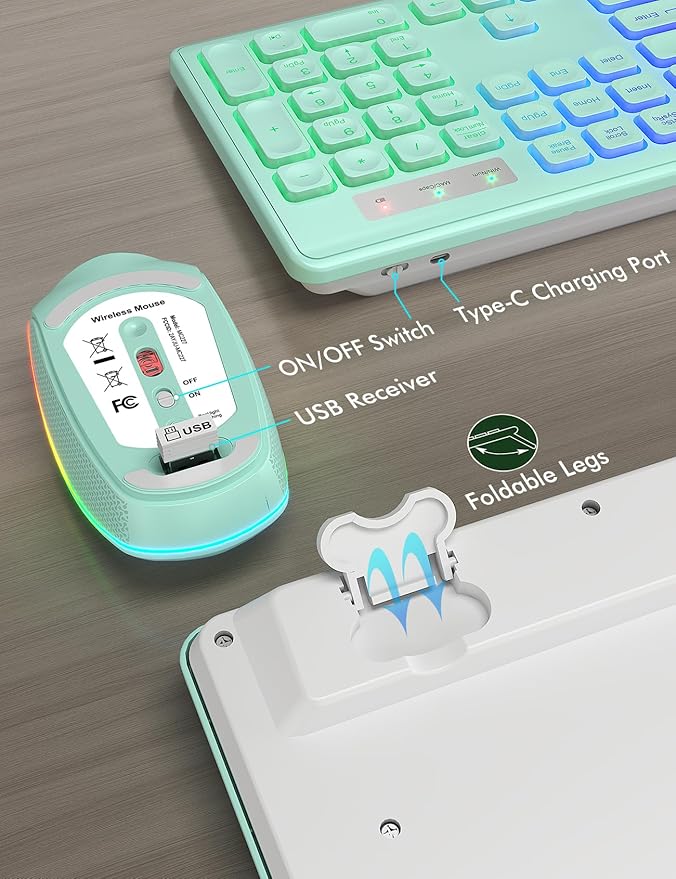 Wireless Keyboard and Mouse Combo - RGB Backlit, Rechargeable & Light Up Letters, Full-Size, Ergonomic Tilt Angle, Sleep Mode, 2.4GHz Quiet Keyboard Mouse for Mac, Windows, Laptop, PC, Mint Green