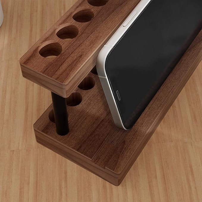 Pencil & Pen Holder for Desk, Solid Walnut Pen Display Stand with 9 Slots and Cell Phone Holder, Aesthetic Pen Organizer for Minimalist Office Desk Decor