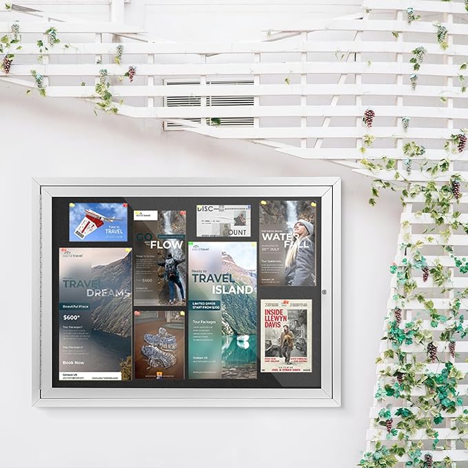 SWANCROWN Enclosed Bulletin Board Weatherproof 37x28in, Outdoor Lockable Bulletin Board Wall Display Case for Office School Commerce, Black Felt, Sliver Aluminum Frame (8xA4)