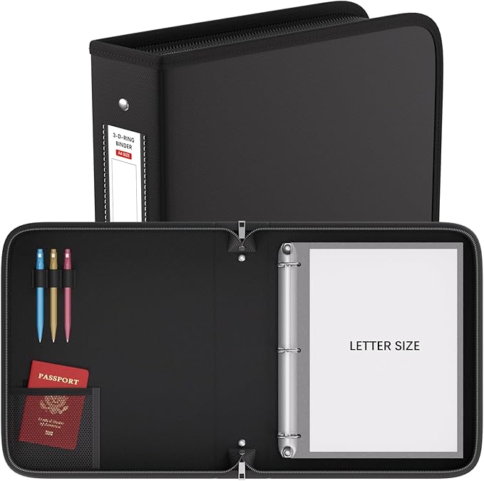 Fireproof 3 Ring Binder with Zipper, 2.5 Inch D Rings Hold up 650 Sheets of 8.5" x 11" (A4), Compatible with Clear Page Protectors, Built-in net and Pen Holder (1 Pcs, Black, 2.5")