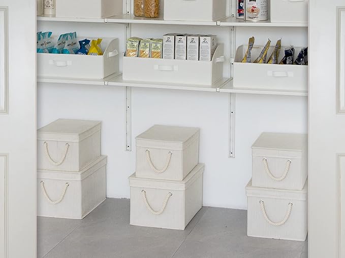 StorageWorks Storage Bins with Lids, Decorative Storage Boxes with Lid and Soft Rope Handles, Foldable Storage Baskets for Closet, Shelves, Stackable, Mixing of Beige, White & Ivory, Jumbo, 3-Pack