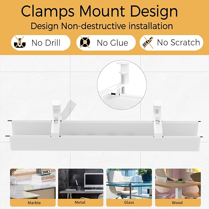 Under Desk Cable Management Tray 39.7" - No Drill Computer Wire Organizer Cable Tray, Cord Hider Clamp Mount with 16X Cable Ties PC Cables Management Cord Holder for Office/Home (Upgrade Fabric,White)