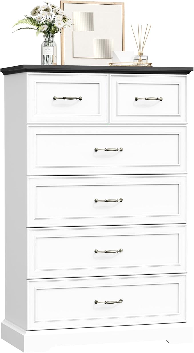 6 Drawer Dresser for Bedroom, 49" Tall Wooden Chest of Drawers, Rustic Farmhouse Dresser with Large Drawers & Metal Handles, Modern Storage Organizer for Closet, Living Room, Hallway, White