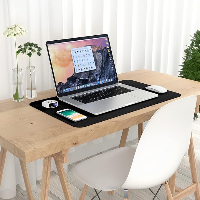 Hsurbtra Desk Pad, 23.6" x 13.8" PU Leather Desk Mat, M Extended Mouse Pad, Waterproof Desktop Blotter Protector, Non-Slip Ultra Thin Small Laptop Keyboard Writing Mat for Office Home, Black