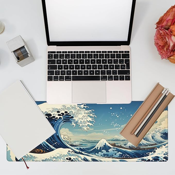 Desk Mat,Blue Japanese Sea Wave Desk Pad,Japanese Sea Wave Large Gaming Mouse Pad for Desk,Extended Big Computer Keyboard Mouse Pad with Non-Slip Base and Stitched Edge,31.5"x11.8"