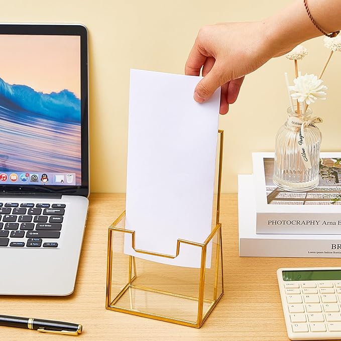 6 Pcs Gold Glass Brochure Holder 4 Inch Tabletop Literature Holder Stand Clear Trifold Pamphlet Flyer Brochure Display Stand for Magazine Booklets Menu Journals