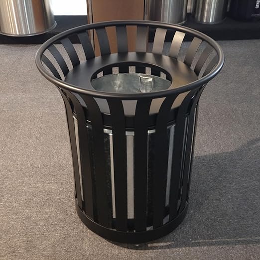 Outdoor Metal Slatted Trash Receptacle,Waste Receptacle,Commercial Trash Cans,Zone Round Garbage Bin,Square Hotel Street Patio Indoor Metal Stan (Large - Black)