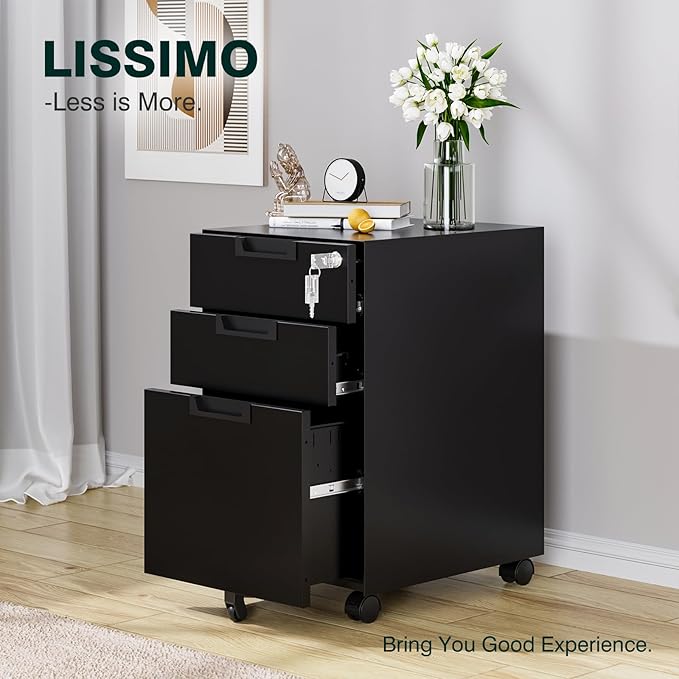 Mobile File Cabinet,3 Drawer Locking Storage Filing Cabinet,Office Metal Storage Cabinet on Wheels for Legal/Letter/A4 File(Fully Assembled,Black)