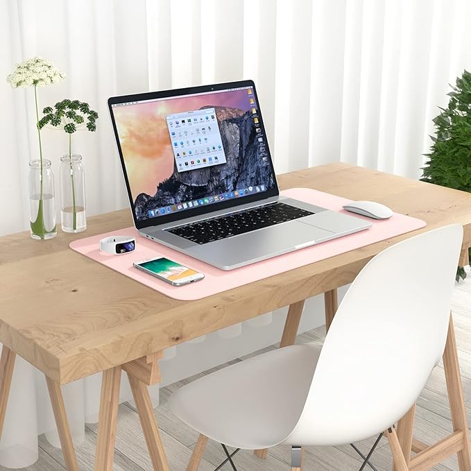 Hsurbtra Desk Pad, 23.6" x 13.8" PU Leather Desk Mat, M Extended Mouse Pad, Waterproof Desktop Blotter Protector, Non-Slip Ultra Thin Small Laptop Keyboard Writing Mat for Office Home, Pink