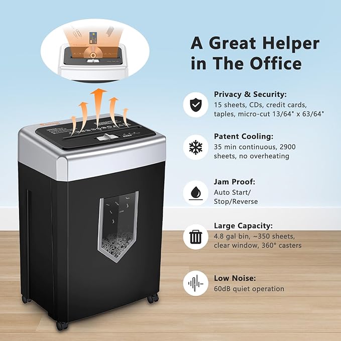 Bonsaii 15-Sheet Cross-Cut Paper Shredder, Heavy-Duty Office Use, 35-Min Continuous Runtime, P-4 Security Level, Anti-Jam, Shreds CDs & Cards, 4.8-Gallon Pullout Wastebasket