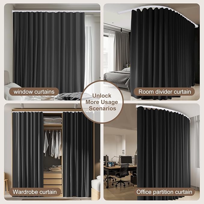 Room Divider Curtains & Flexible Bendable Tracks Set,Privacy Dividers Ceiling Track Curtain Window Blackout Curtains for Living Room Bedroom (W150 × H108 In 1 Panel Black Drape & White Rail)