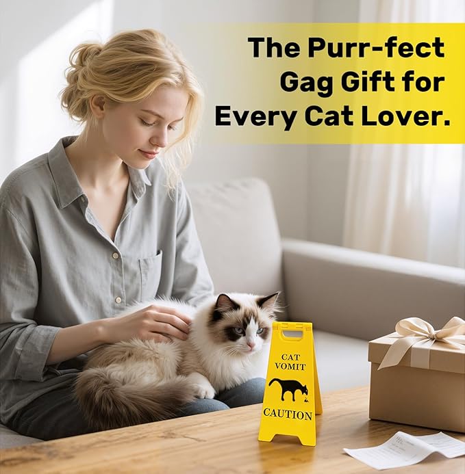 Funny Mini Cat Vomit Caution Sign– Funny Office Desk Decor or Home, Cat Puke Warning Sign, Gag Gift for Cat Lovers, Cat Mom & Cat Dad Gifts, Cute Cubicle Accessory, Cat Lover Home Decor