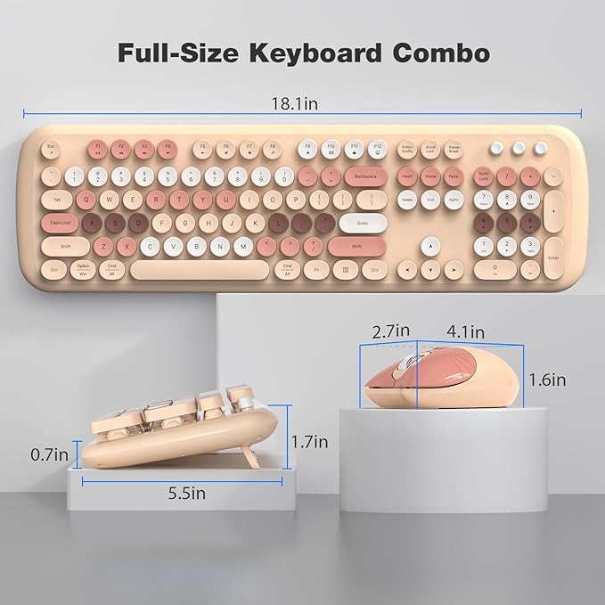 Wireless Keyboard and Mouse, Full Size Typewriter Keyboard and Cute Cat Shape Design Mouse Combo for Windows 7/8/10, Laptop, Desktop, PC, Computer (Milk Tea)