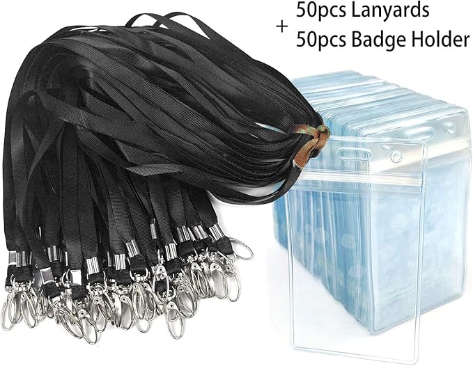 Lanyard with ID Holder 50 Pcs Waterproof Name Tag Vertical Badge ID Card Holders ID Pass Holder and 50 Pcs Flat Neck Black Lanyards Swivel Hook