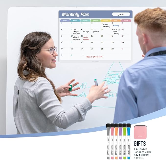 Loukin 17"x11.8" Monthly Dry Erase Calendar, Electrostatic Clings to All Shiny Surface, Reusable Whiteboard Planner Schedule for Refrigerator, Office, Classroom, 6 Magnetic Markers & 1 Eraser Included