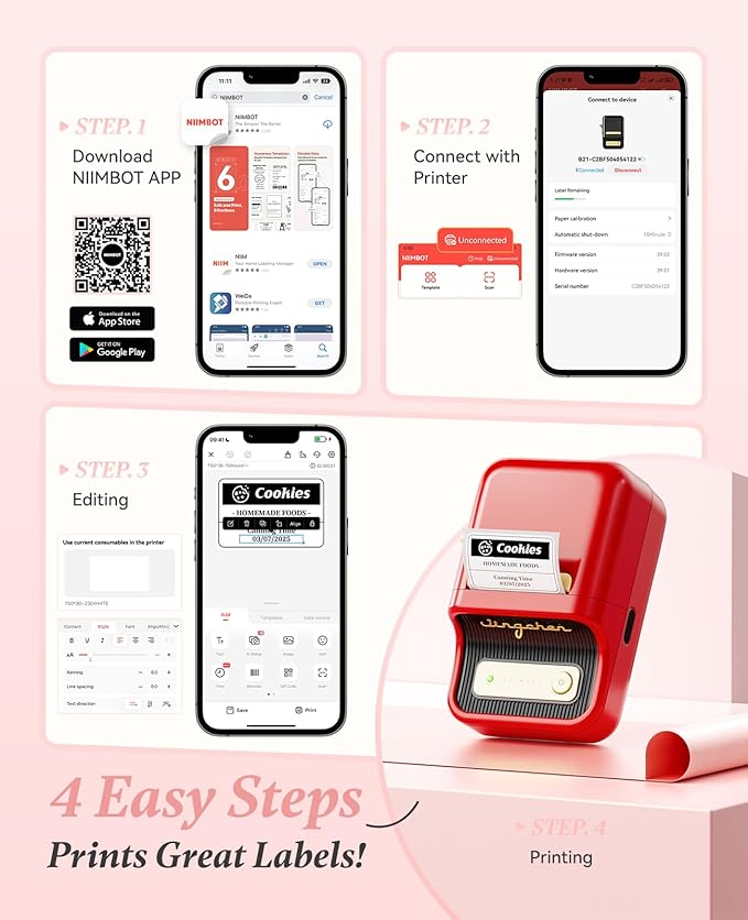 NIIMBOT B21 Label Printer,Bluetooth Thermal Label Maker,Ideal for Home Organization,Business,Ofice,50x30mm Labels,230Pcs(Red)