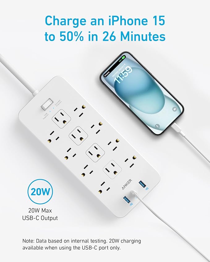 Anker Power Strip with 3 USB Ports, Surge Protector (2100J-5ft), 12 Outlets with 2 USB-A Ports and 1 USB-C Port,Flat Plug, Works with iPhone 16/16 Plus/16 Pro/16 Pro Max,for Home,Office, TUV Listed